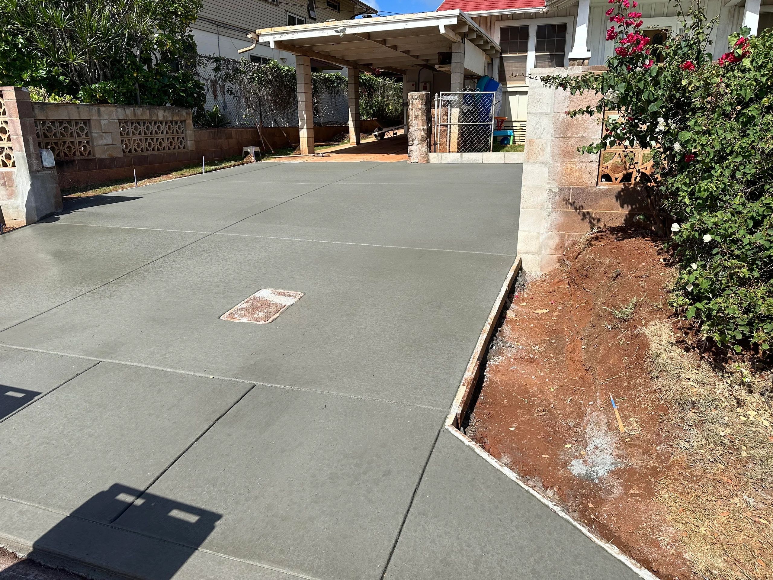 Freshly finished concrete driveway